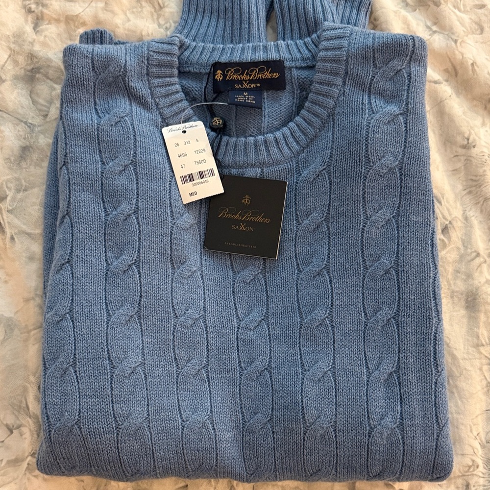 Brooks Brothers Saxxon Wool Cableknit Crewneck Sweater Size Medium in Light Blue